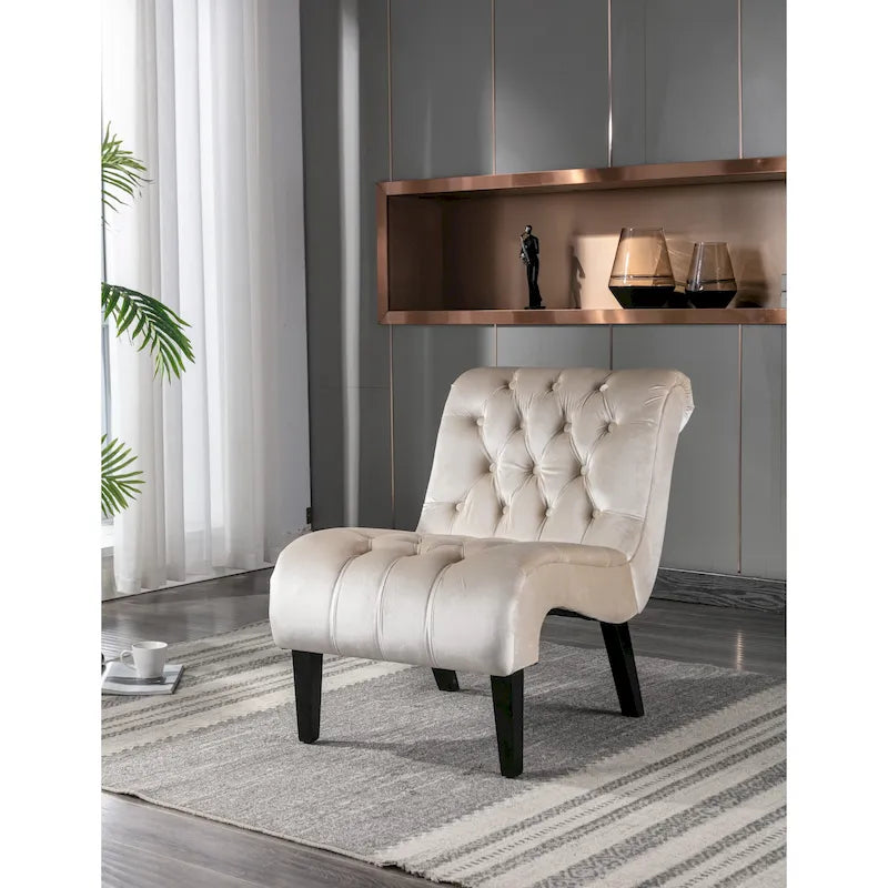 Fauteuil d'appoint capitonné Beige 22.83 boutons avec pieds en bois