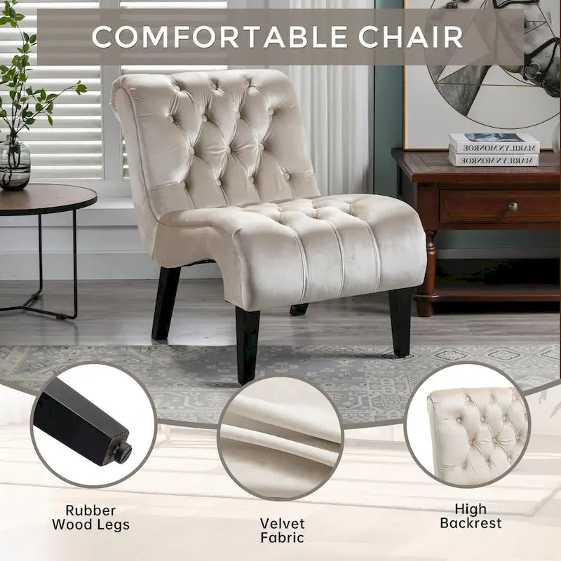 Fauteuil d'appoint capitonné Beige 22.83 boutons avec pieds en bois