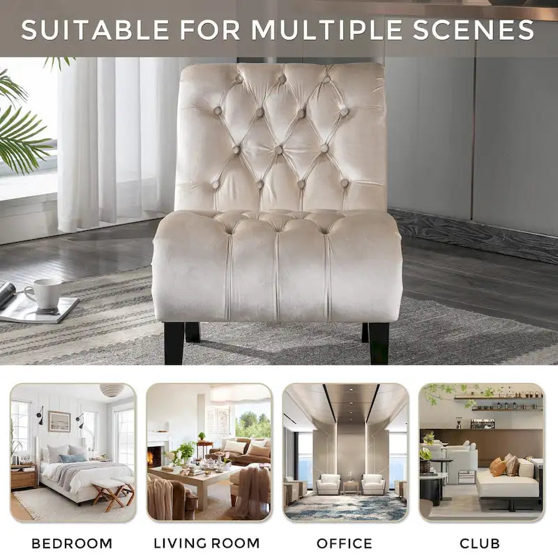 Fauteuil d'appoint capitonné Beige 22.83 boutons avec pieds en bois