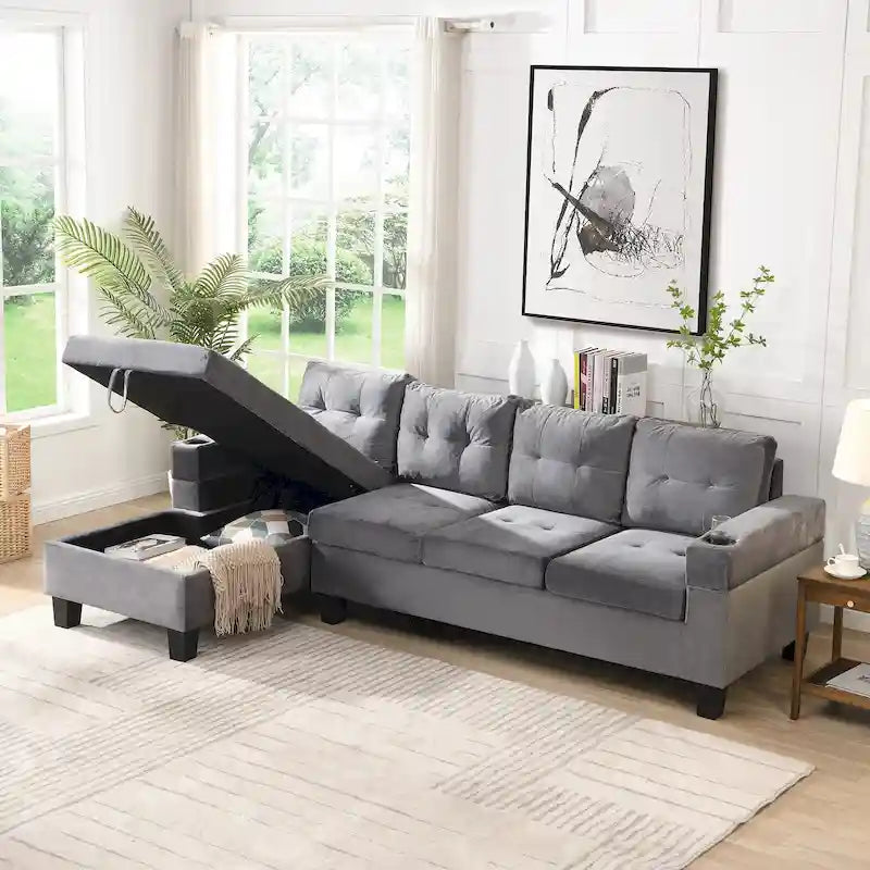 Canapé moderne 4 places gris 97.8 avec méridienne de rangement