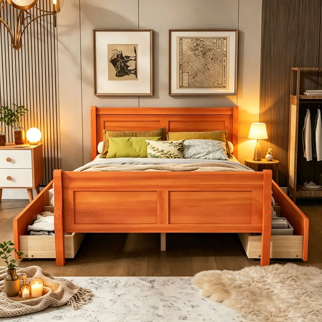 Lit plateforme en pin massif avec 4 tiroirs et design