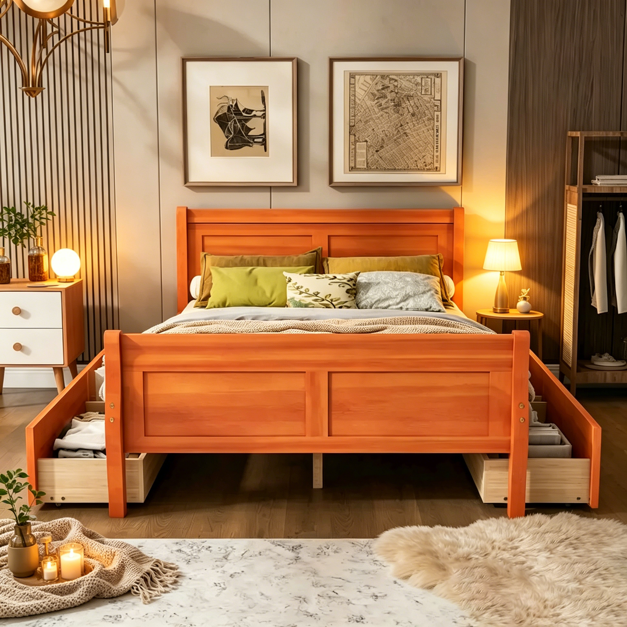 Lit plateforme en pin massif avec 4 tiroirs et design
