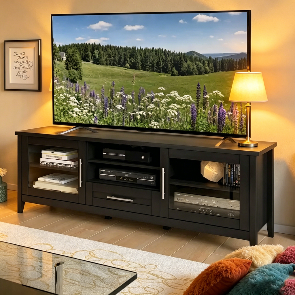 Meuble TV avec portes vitrées, pour téléviseurs jusqu'à 85 pouces