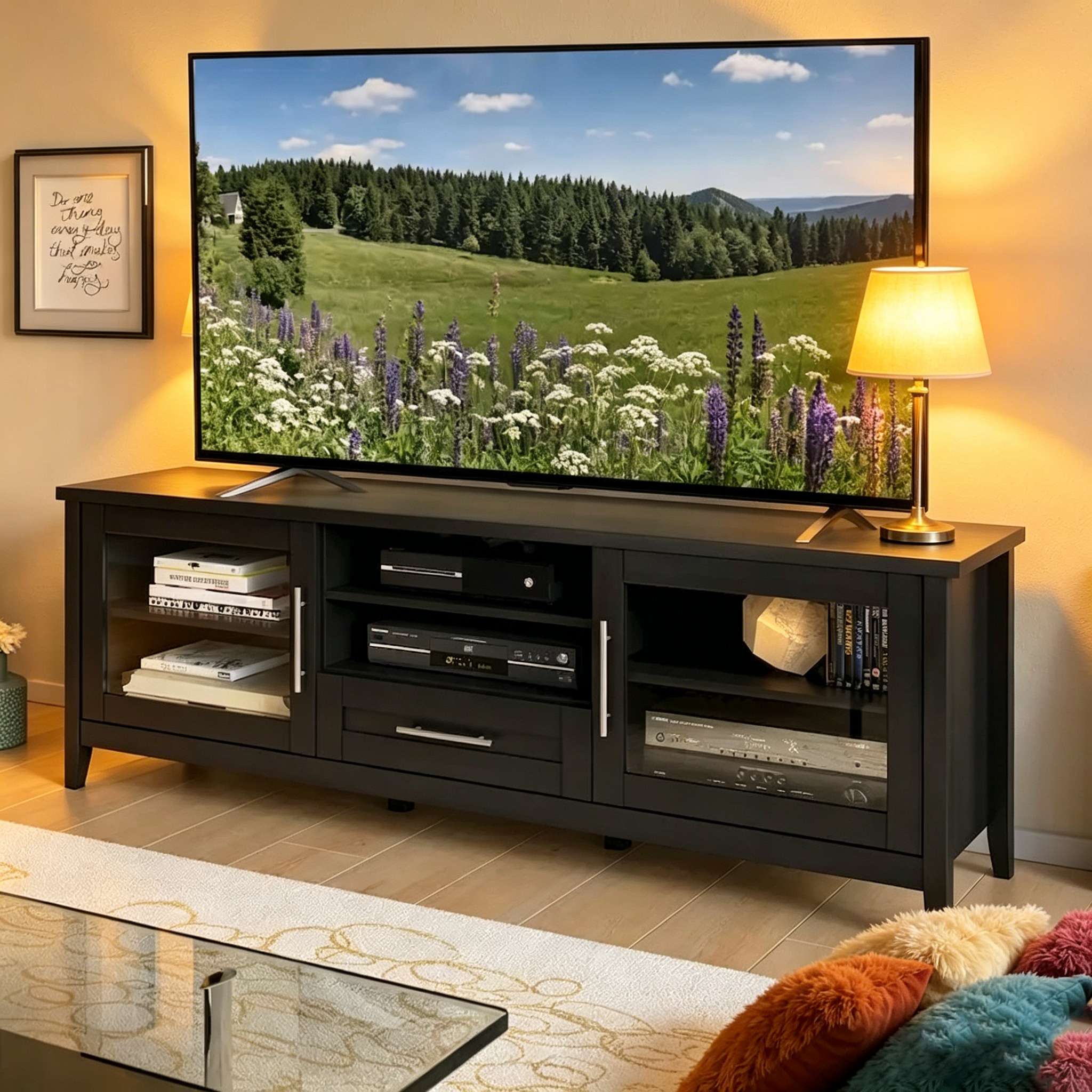 Meuble TV avec portes vitrées, pour téléviseurs jusqu'à 85 pouces