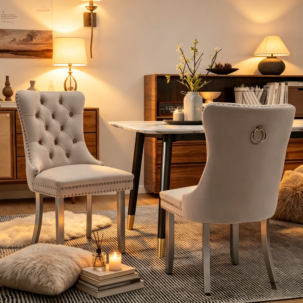 Chaises de salle à manger en velours, chaises de salle à manger capitonnées avec dossier boutonné, garniture cloutée, chaises d'appoint rembourrées pour cuisine