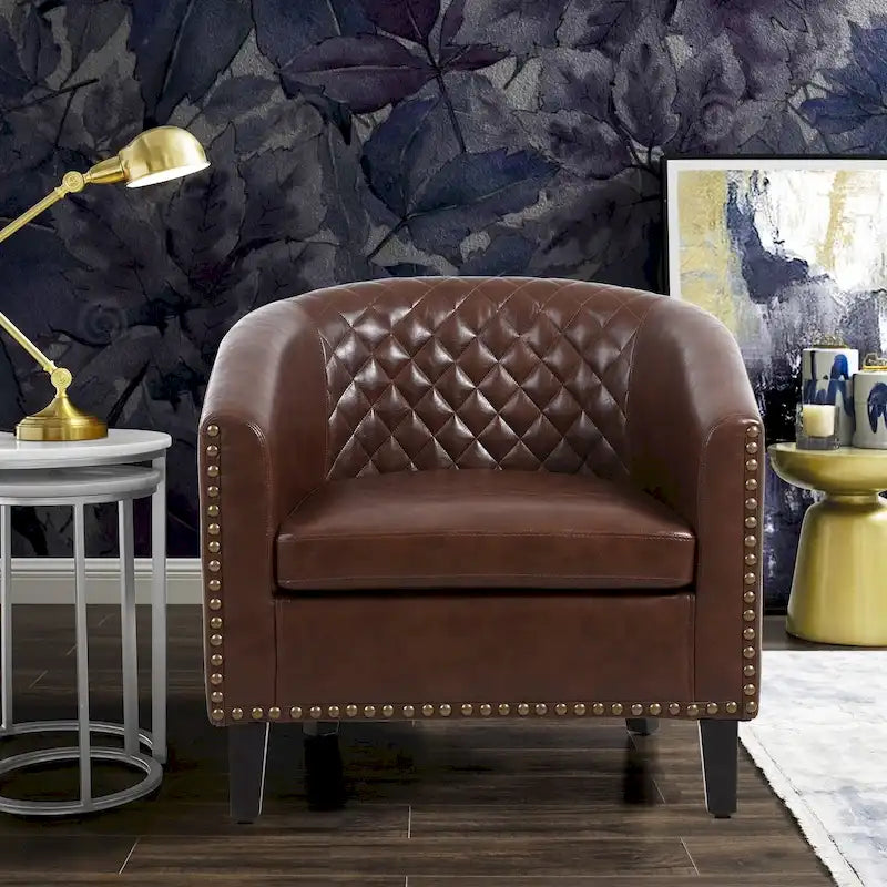 Fauteuil d'appoint avec clous décoratifs et pieds en bois massif pour salon