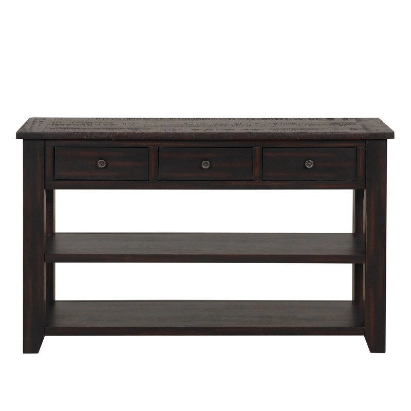 Console en bois avec 3 tiroirs de rangement et 2 étagères