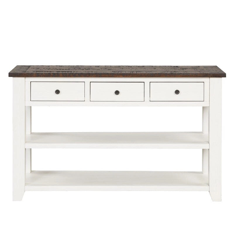 Console en bois avec 3 tiroirs de rangement et 2 étagères