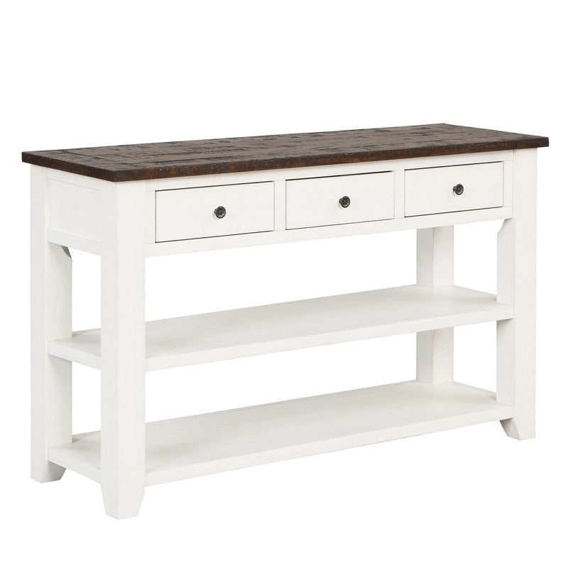 Console en bois avec 3 tiroirs de rangement et 2 étagères