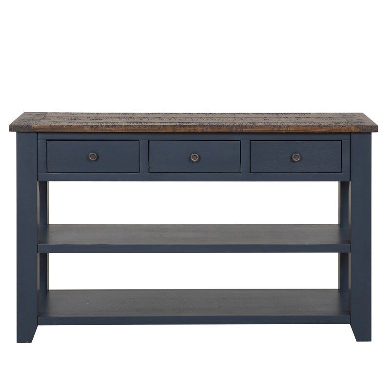 Console en bois avec 3 tiroirs de rangement et 2 étagères