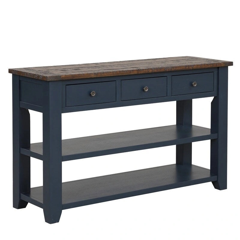 Console en bois avec 3 tiroirs de rangement et 2 étagères