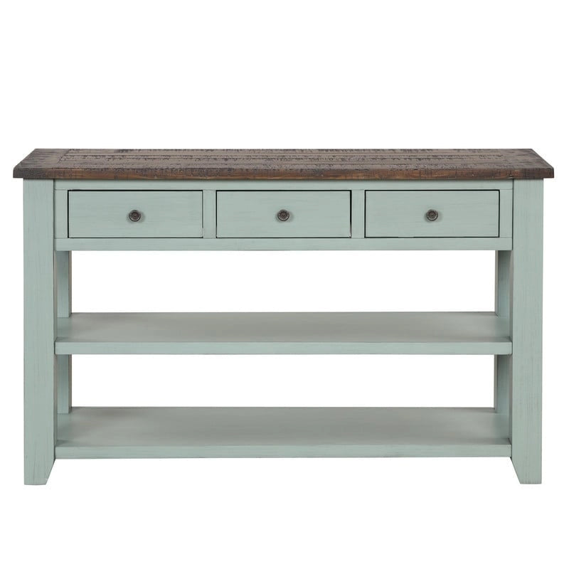 Console en bois avec 3 tiroirs de rangement et 2 étagères