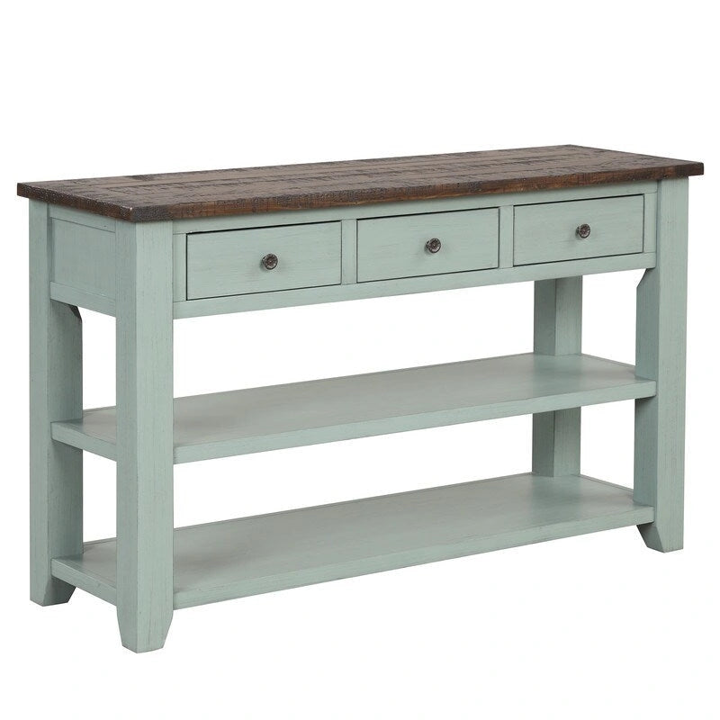 Console en bois avec 3 tiroirs de rangement et 2 étagères