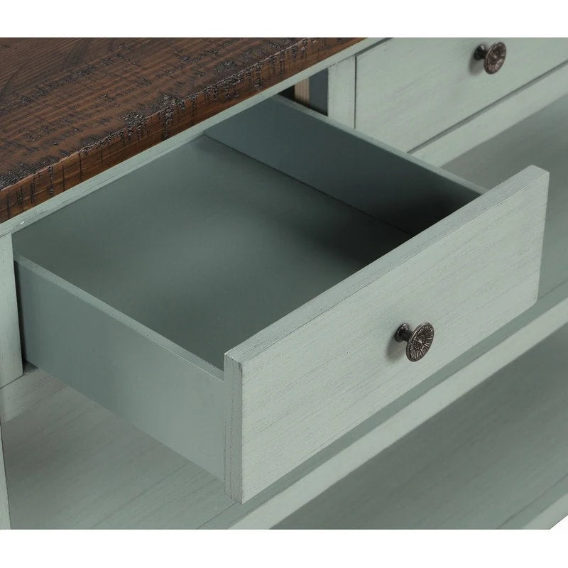 Console en bois avec 3 tiroirs de rangement et 2 étagères