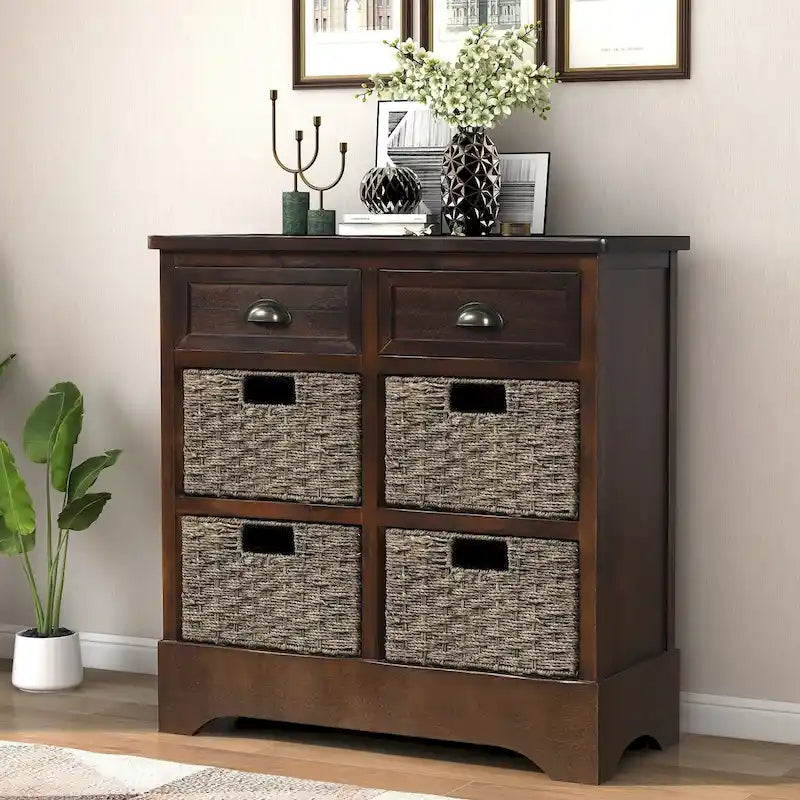 Meuble de rangement avec 2 tiroirs et 4 paniers classiques en rotin