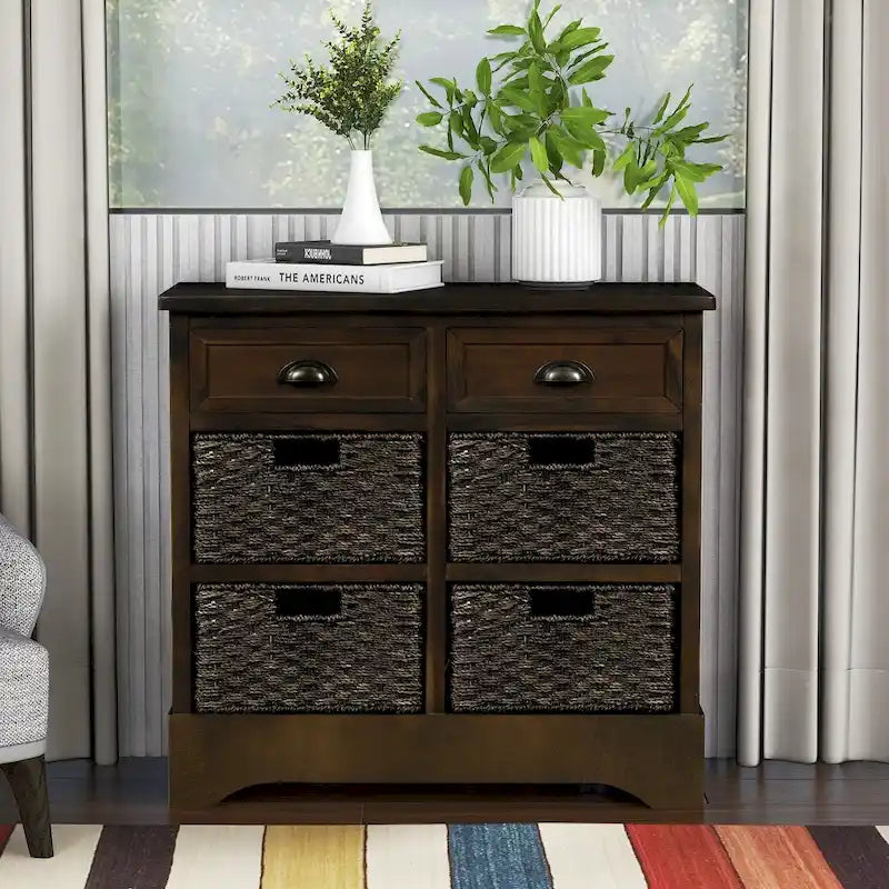 Meuble de rangement avec 2 tiroirs et 4 paniers classiques en rotin