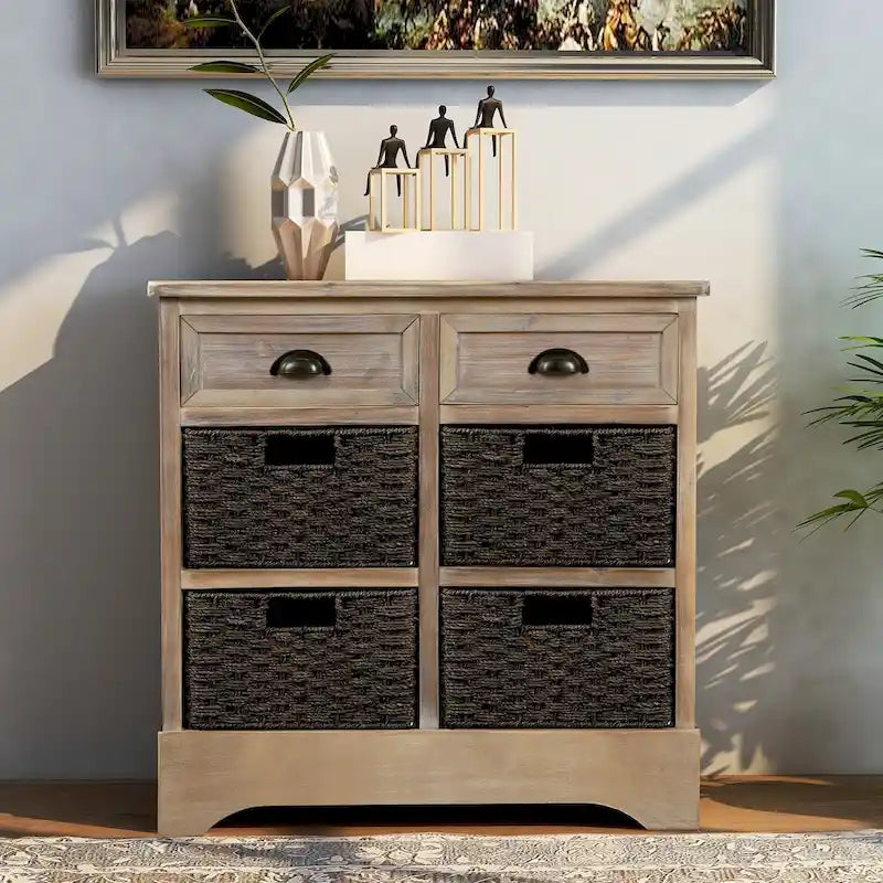Meuble de rangement avec 2 tiroirs et 4 paniers classiques en rotin