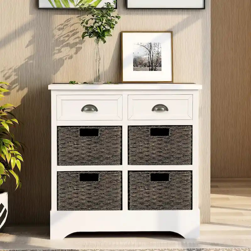 Meuble de rangement avec 2 tiroirs et 4 paniers classiques en rotin