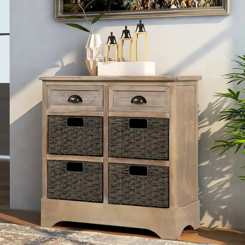 Meuble de rangement avec 2 tiroirs et 4 paniers classiques en rotin