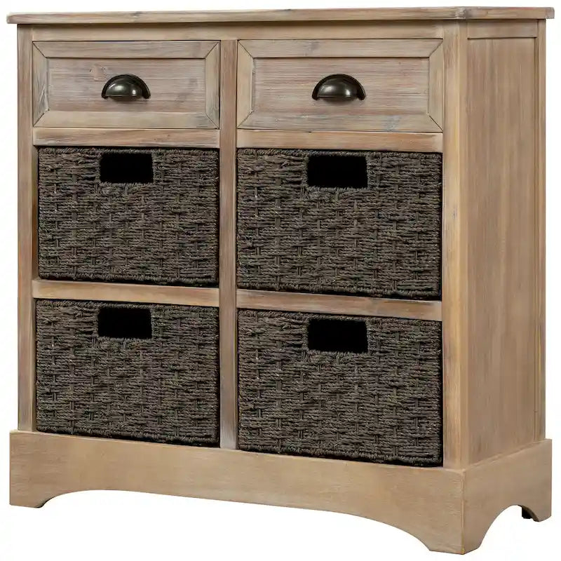 Meuble de rangement avec 2 tiroirs et 4 paniers classiques en rotin