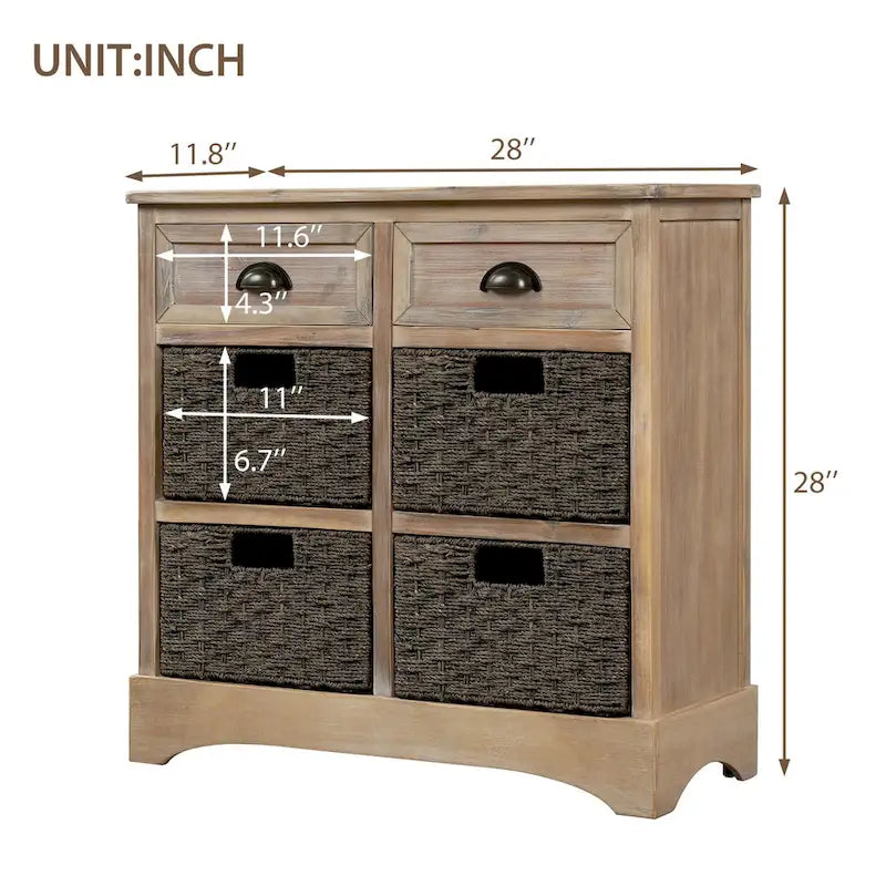 Meuble de rangement avec 2 tiroirs et 4 paniers classiques en rotin