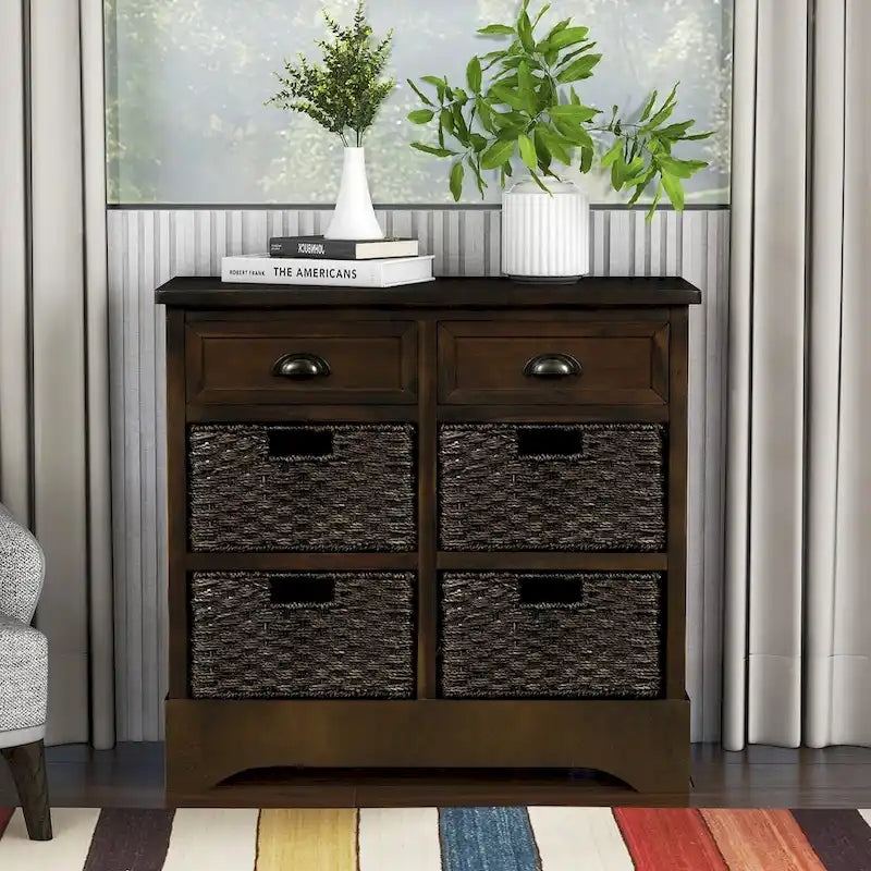 Meuble de rangement avec 2 tiroirs et 4 paniers classiques en rotin