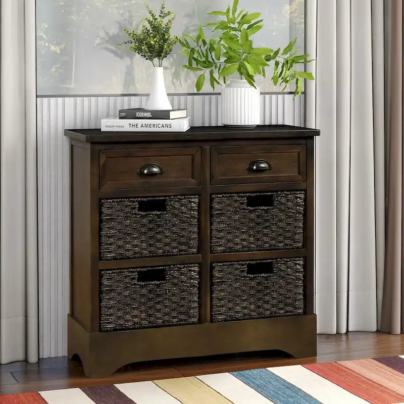 Meuble de rangement avec 2 tiroirs et 4 paniers classiques en rotin