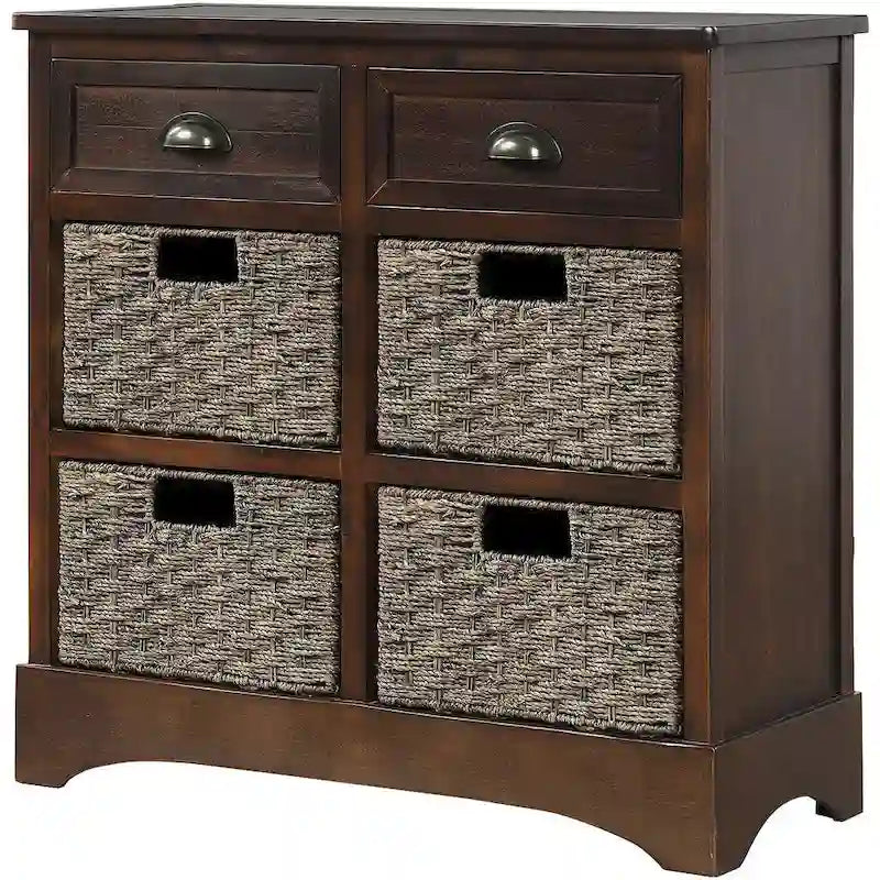 Meuble de rangement avec 2 tiroirs et 4 paniers classiques en rotin