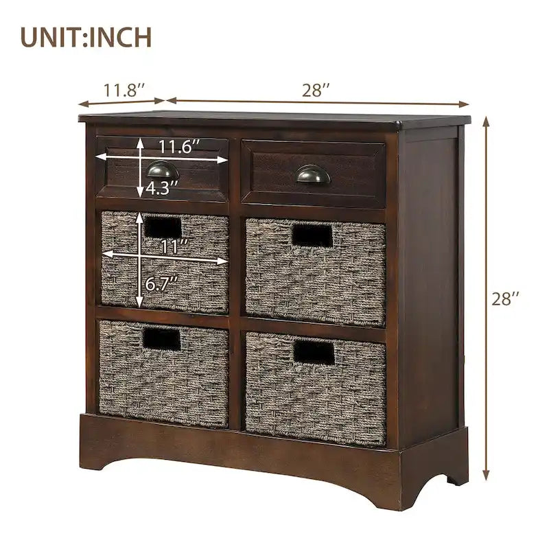 Meuble de rangement avec 2 tiroirs et 4 paniers classiques en rotin