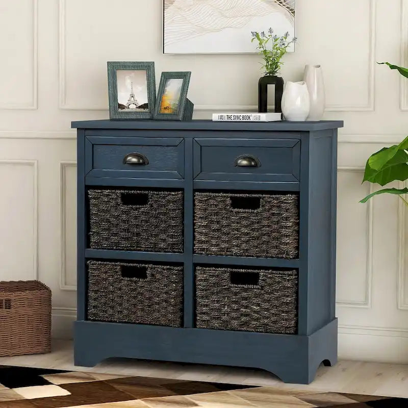 Meuble de rangement avec 2 tiroirs et 4 paniers classiques en rotin