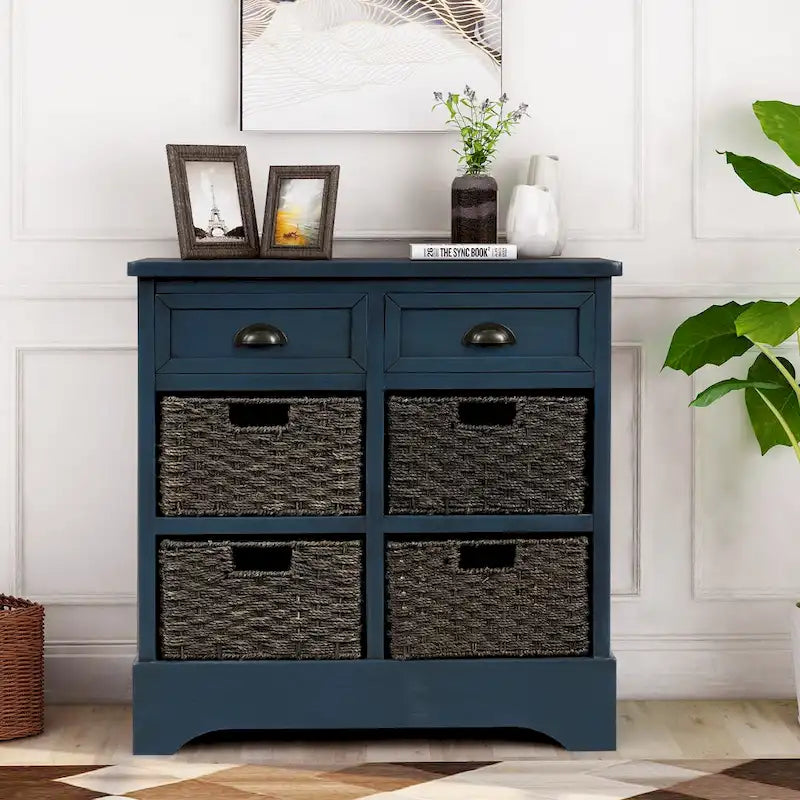 Meuble de rangement avec 2 tiroirs et 4 paniers classiques en rotin
