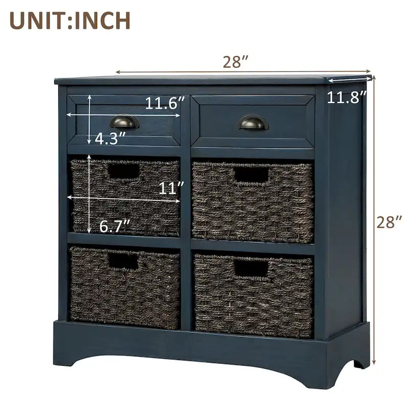 Meuble de rangement avec 2 tiroirs et 4 paniers classiques en rotin