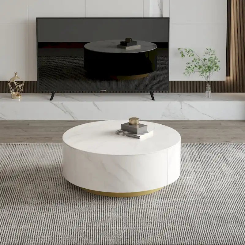 Table basse ronde moderne avec plateau imitation marbre et 2 tiroirs