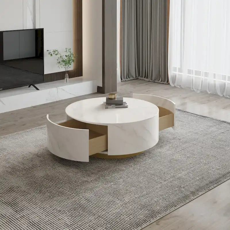 Table basse ronde moderne avec plateau imitation marbre et 2 tiroirs