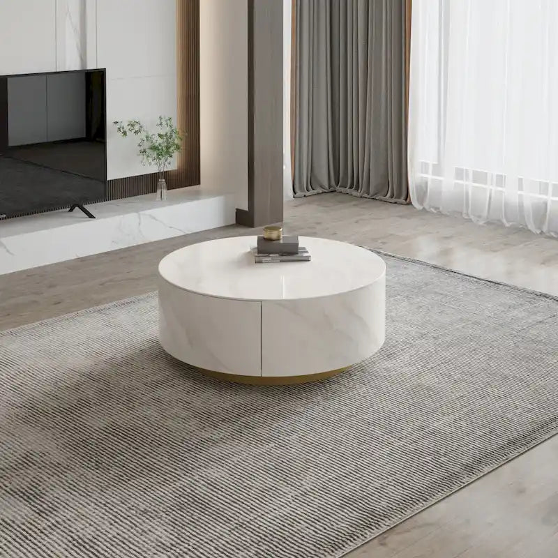 Table basse ronde moderne avec plateau imitation marbre et 2 tiroirs