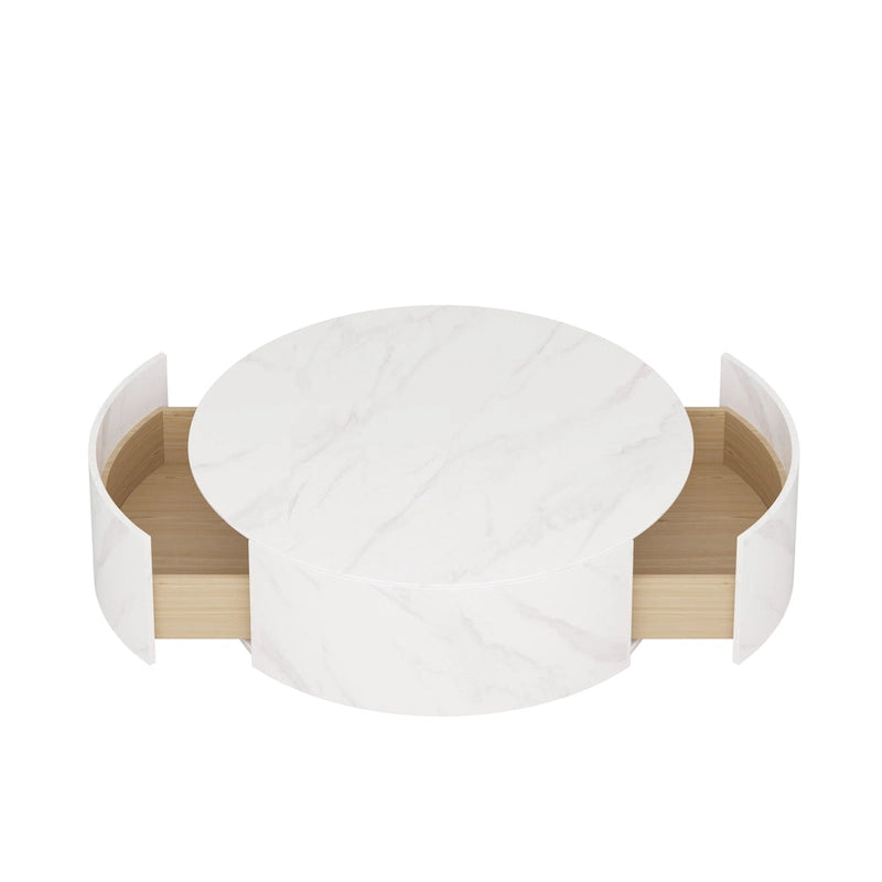 Table basse ronde moderne avec plateau imitation marbre et 2 tiroirs