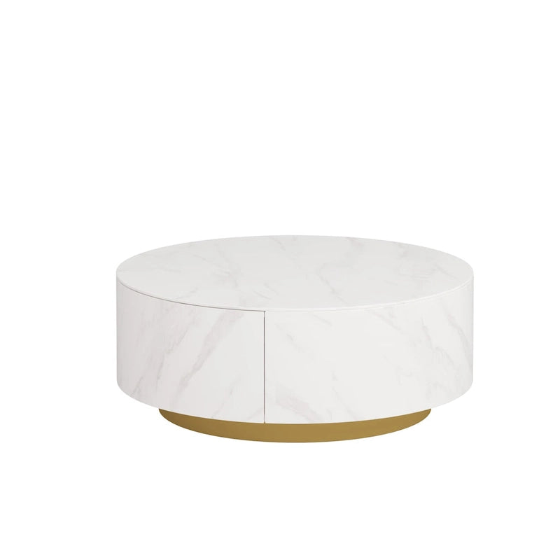 Table basse ronde moderne avec plateau imitation marbre et 2 tiroirs