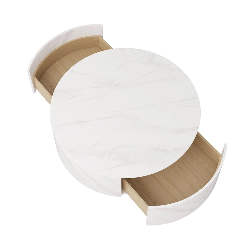 Table basse ronde moderne avec plateau imitation marbre et 2 tiroirs