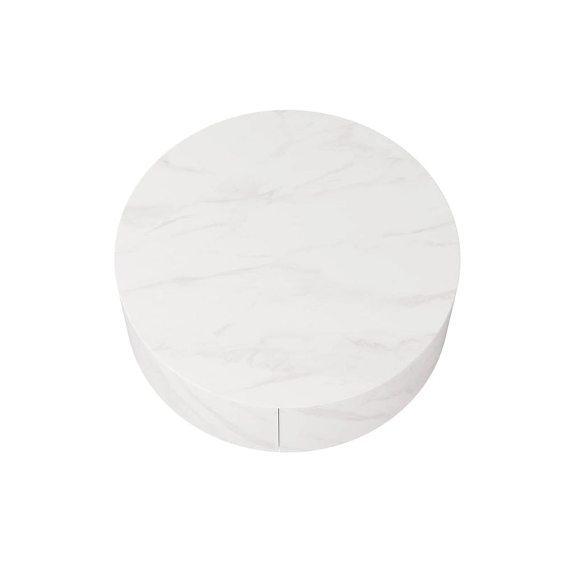 Table basse ronde moderne avec plateau imitation marbre et 2 tiroirs