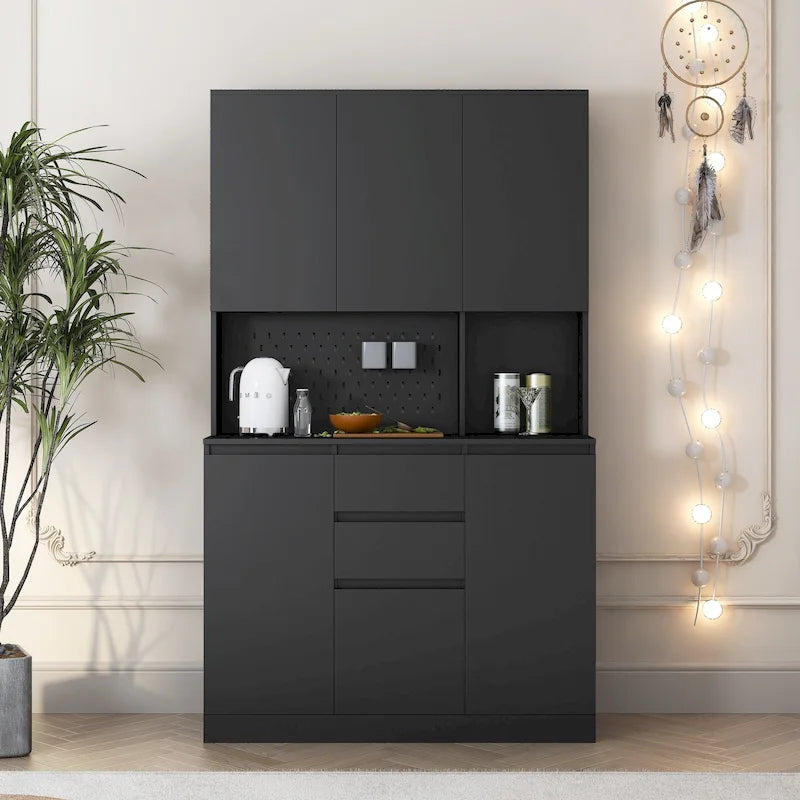 74 Armoire de cuisine autoportante avec 6 portes, 3 étagères et 2 tiroirs, rangement pour buanderie
