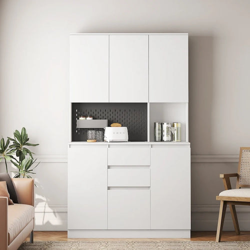 74 Armoire de cuisine autoportante avec 6 portes, 3 étagères et 2 tiroirs, rangement pour buanderie