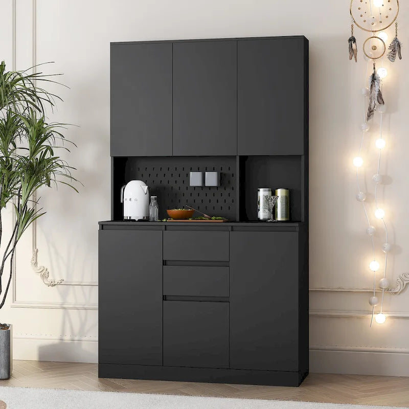 74 Armoire de cuisine autoportante avec 6 portes, 3 étagères et 2 tiroirs, rangement pour buanderie