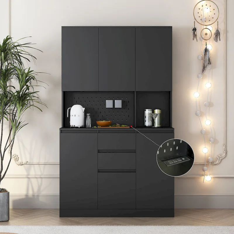 74 Armoire de cuisine autoportante avec 6 portes, 3 étagères et 2 tiroirs, rangement pour buanderie