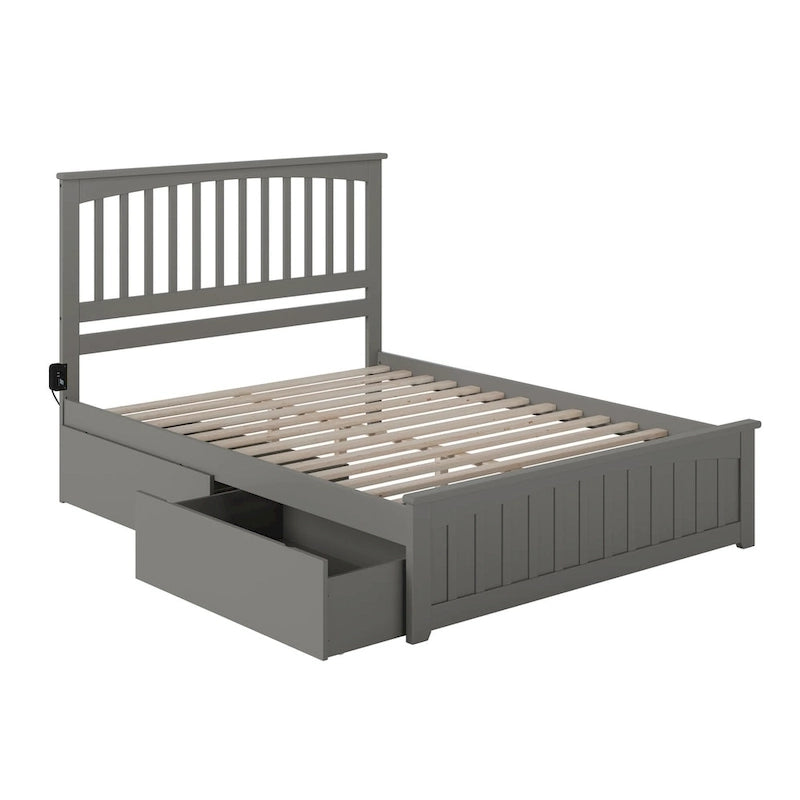 Lit plateforme gris avec pied de lit assorti et deux tiroirs