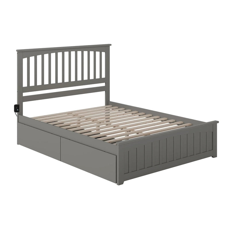 Lit plateforme gris avec pied de lit assorti et deux tiroirs