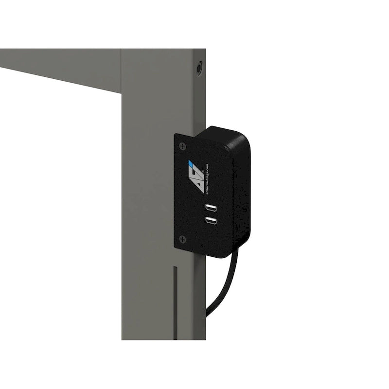 Lit plateforme gris avec pied de lit assorti et deux tiroirs