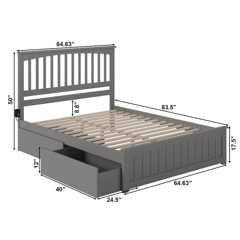 Lit plateforme gris avec pied de lit assorti et deux tiroirs