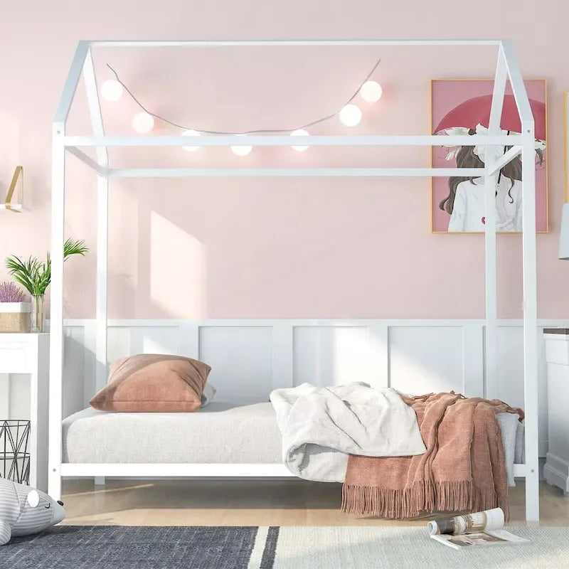 Lit cabane taille double, lit plateforme en métal pour enfants, lit au sol pour garçons et filles, sommier tapissier non requis