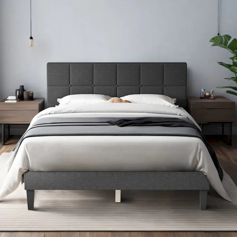Lit plateforme capitonné en lin avec cadre en bois et tête de lit, sans sommier tapissier requis, sans bruit.