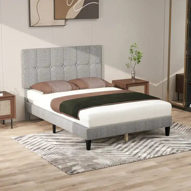 Lit plateforme capitonné en lin avec cadre en bois et tête de lit, sans sommier tapissier requis, sans bruit.